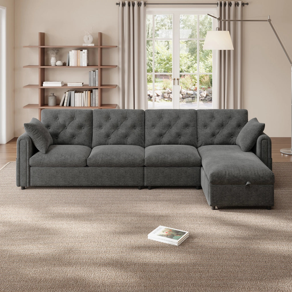 Divano angolare in velluto moderno - Zephmum - 281¡Á86¡Á71 cm - Grigio - Con contenitore, schienale con bottoni