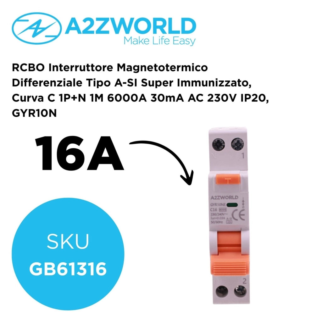 RCBO Interruttore Magnetotermico Differenziale Tipo A-SI Super Immunizzato, Curva C 1P+N 1M 6000A 30mA AC 230V IP20, GYR10N, Disponibili 6A 10A 16A 20A 25A 32A 40A (C16A)