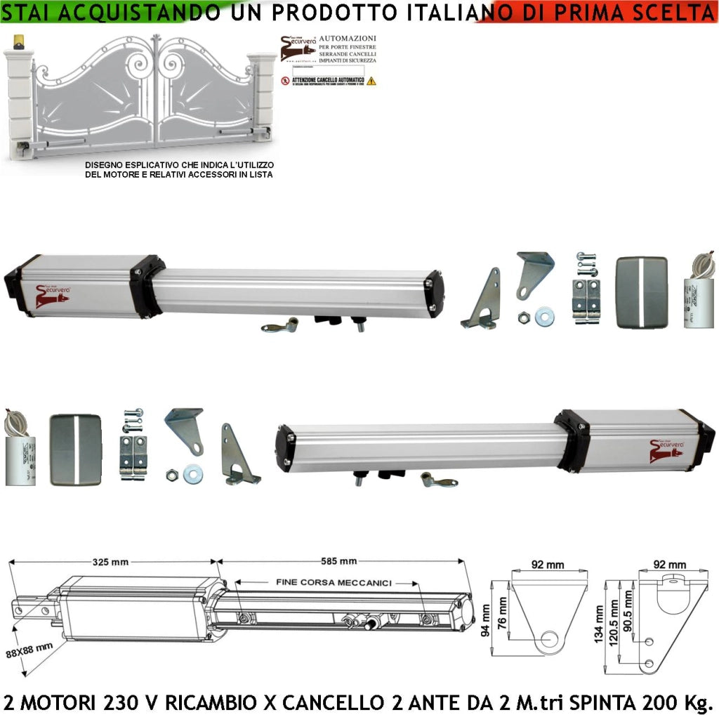 Motori Elettromeccanici 220 V Corsa 300 MM Spinta 2 Q.li Chiave di Sblocco sul Carrello di Traino 2 Condensatori 16 µF Kit Staffe Ricambio Per Cancello Automatico 2 Ante da 2 Metri Adatti per Elettronica BTF Came Serai Misure 810X88X88 mm