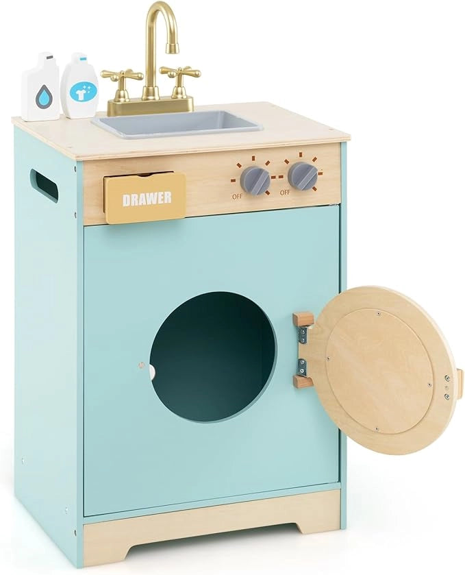 Set di Gioco Lavatrice per Bambini, Giocattolo Lavatrice con Detersivo e Igienizzante per le Mani, Set in Legno con Lavabo, Cassetto e Ruota Rotante, Regalo per Bambini dai 3+ Anni
