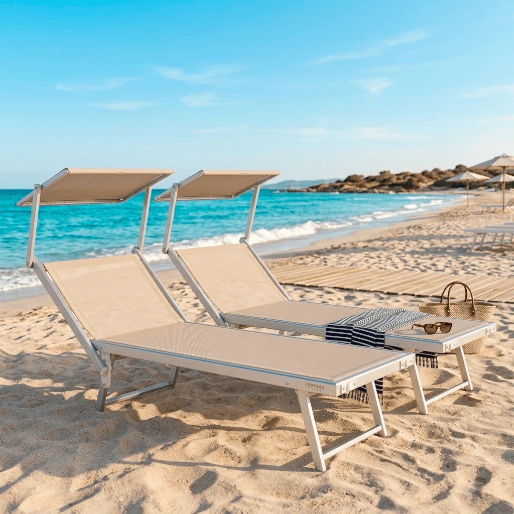 Set 2 Lettini Prendisole Pieghevoli Professionali In Alluminio Leggero Con Tettuccio Parasole Regolabile Sdraio Relax Mare Spiaggia Piscina Giardino Terrazza 182 x 60 x 38 Cm Beige
