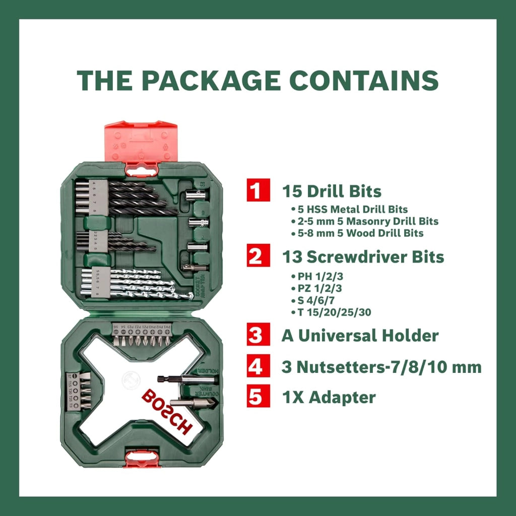 Valigetta X-Line Set 34 Pezzi con Punte per Legno Metallo e Muratura e Bit di Avvitamento con Portabit Magnetico Bosch