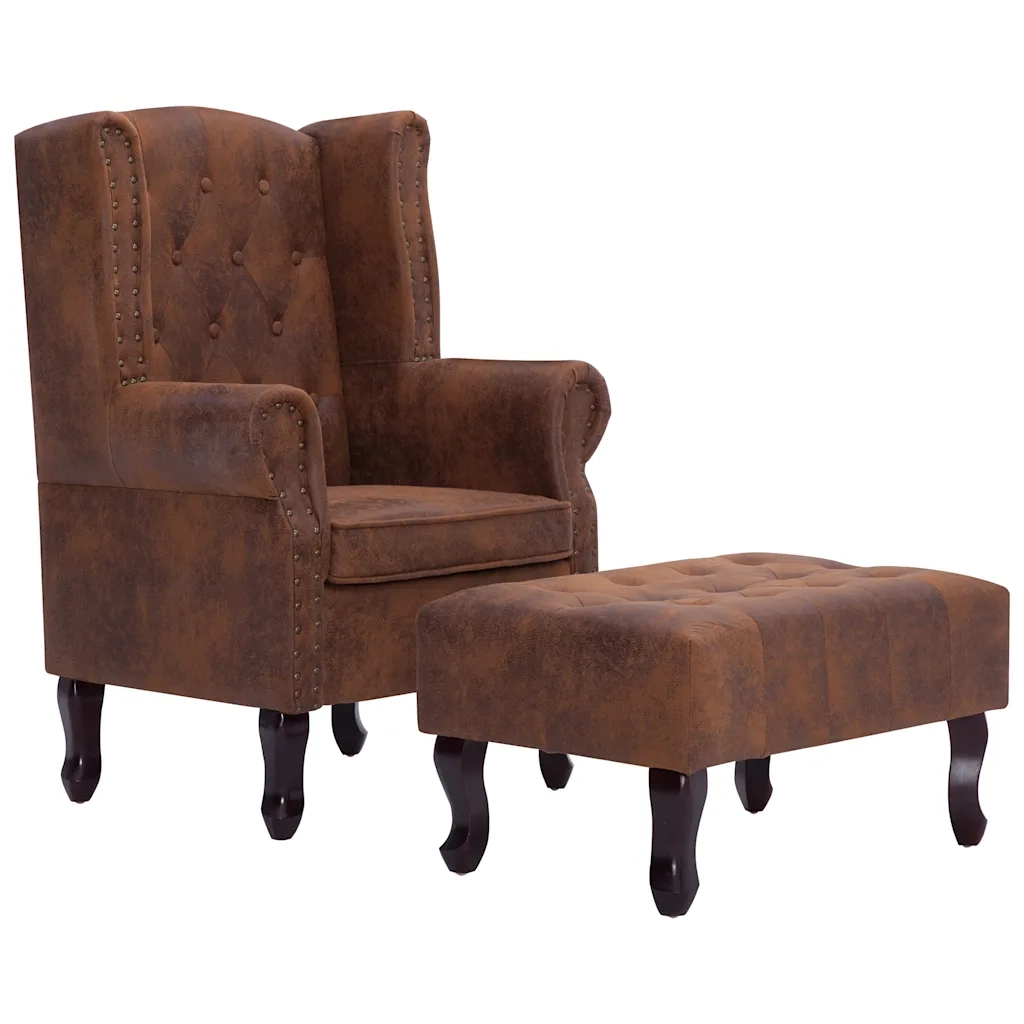 Poltrona Chesterfield Poggiapiedi Marrone Ecopelle Scamosciata 281277