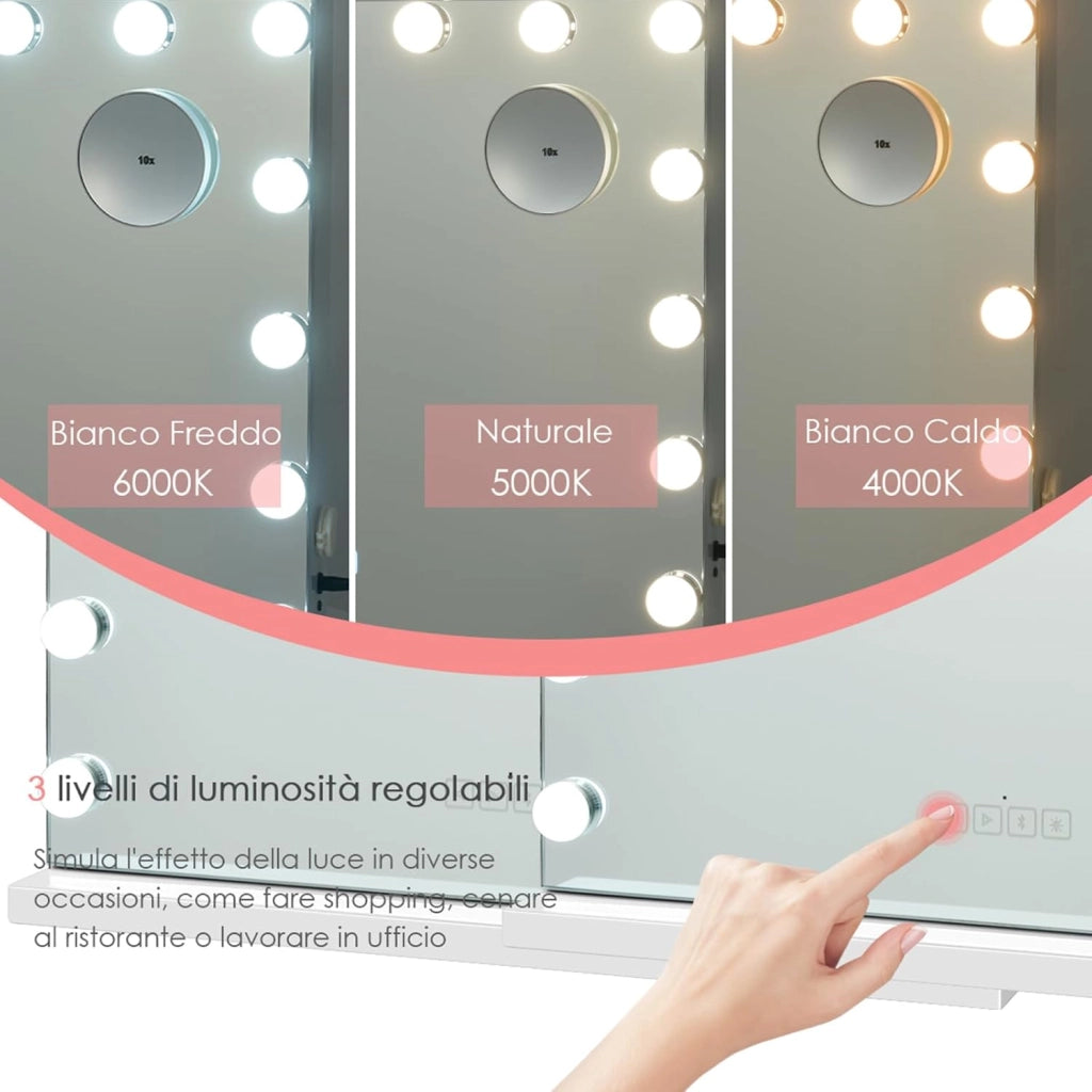 Specchio per Trucco Illuminato con 15 Lampadine Luci LED, Specchio da Toeletta Controllo Touch, per Scrivania Muro, 3 Modalità di Colore, con Altoparlante Bluetooth USB, 58x48 cm