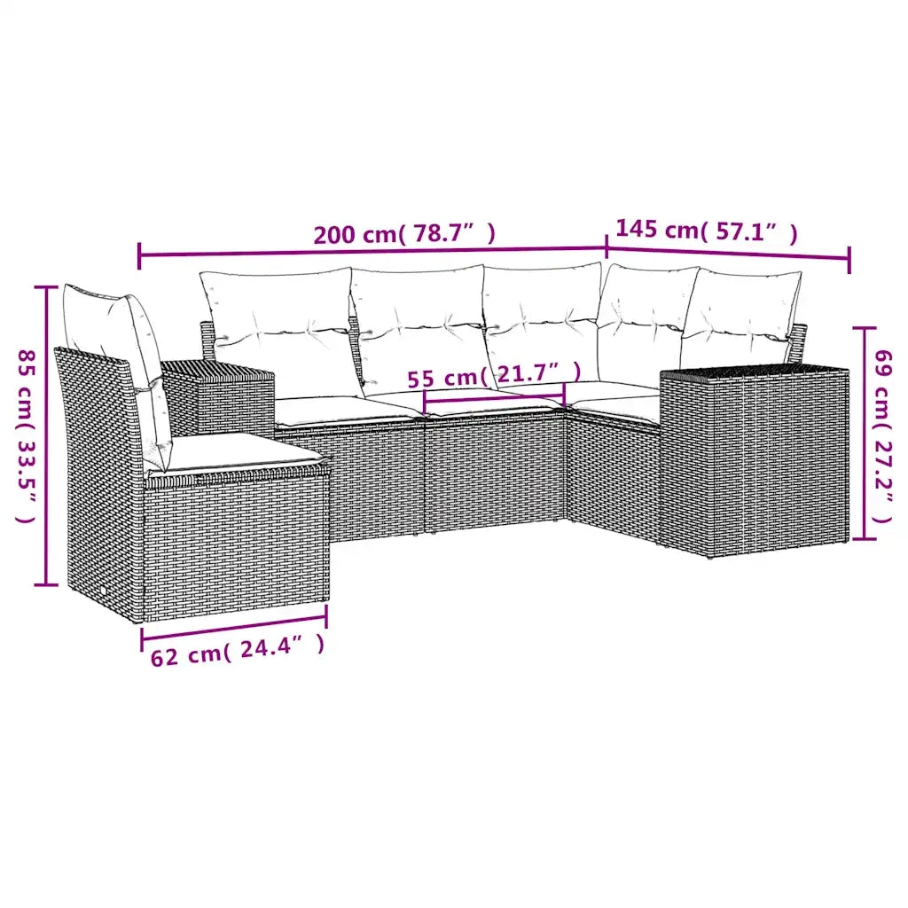 Set Divani da Giardino 5 pz con Cuscini Marrone in Polyrattan 3222573