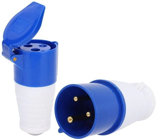 Contatto esterno e interno - Impermeabile - 32 ampère - 2P+E - Resistente alla pioggia - 220-250 V - Due poli - Una fase - Adatto per uso industriale - Grigio.