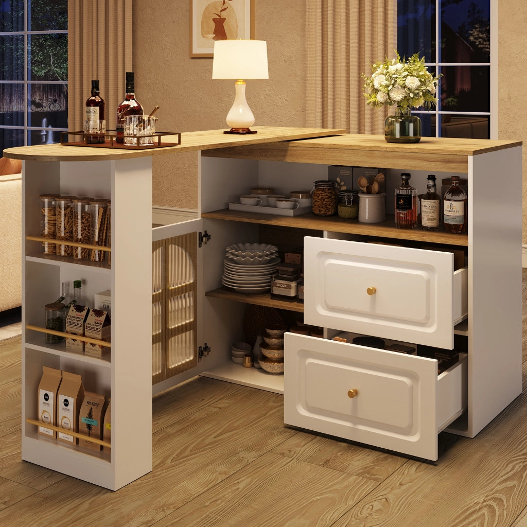 TAVOLO ALTO Girevole 138-204x39x104 cm MDF Bianco con 2 Cassetti