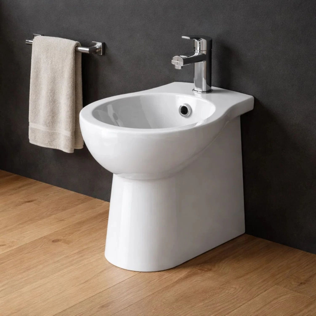 Bidet dark ceramica bianco lucido a pavimento elegante e moderno forma tondeggiante *** finitura- bianco, confezione 1
