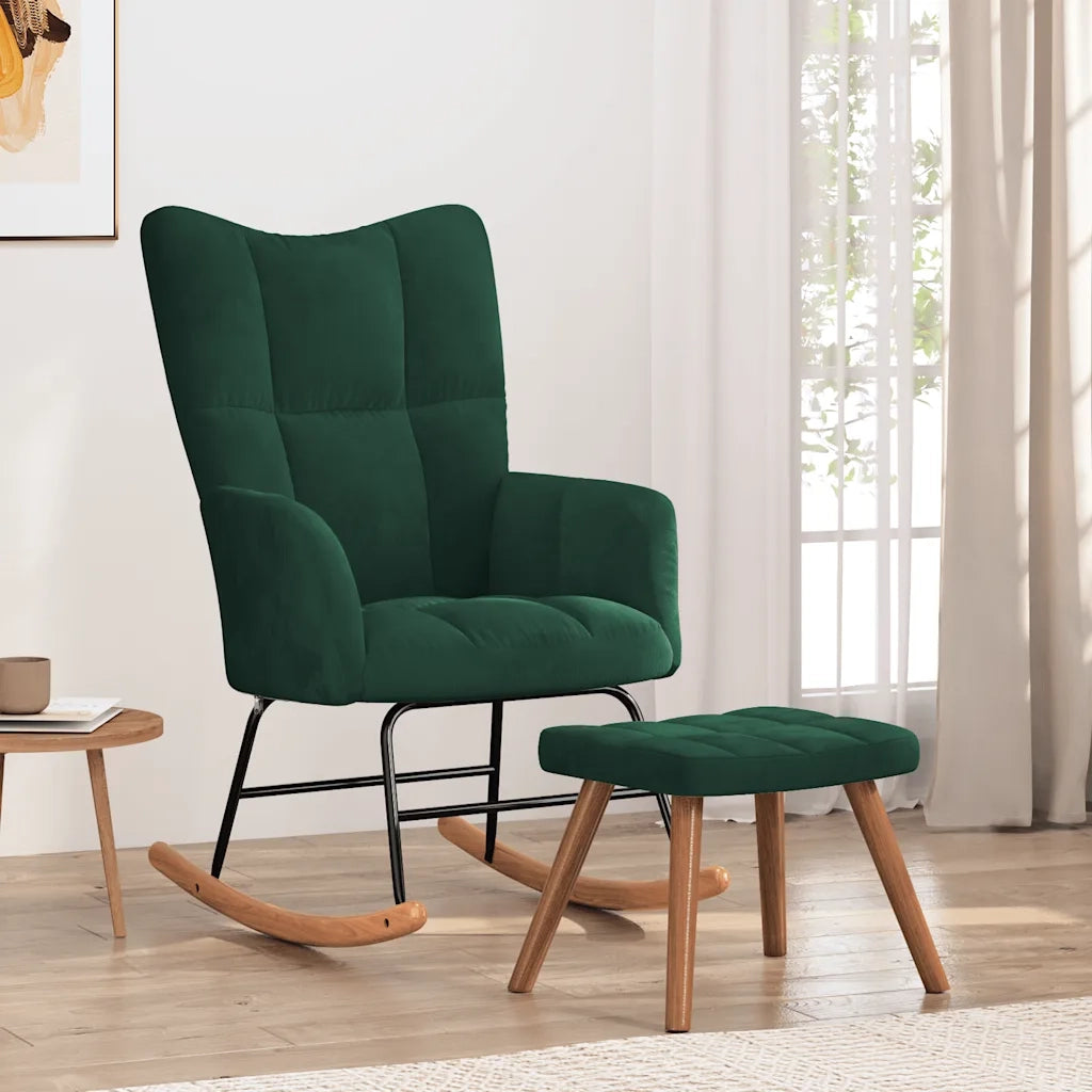 Poltrona a Dondolo con Poggiapiedi Verde Scuro in Velluto 328152