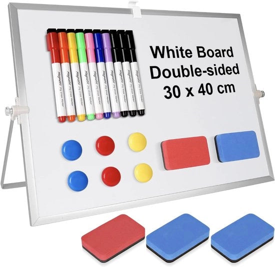 Pannello bianco magnetico 30x40cm set con 10 pennarelli bianchi + 6 magneti + 5 gomme bianche