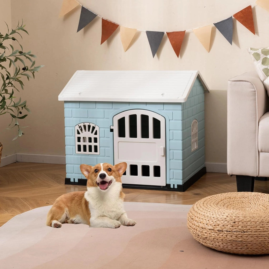 Cuccia per Cani da Esterno ed Interno, Cassetta per Cani con Porta Bloccabile, 3 Finestre e Tetto Inclinato, Cucce per Cagnolino in Plastica Impermeabile (Blu)