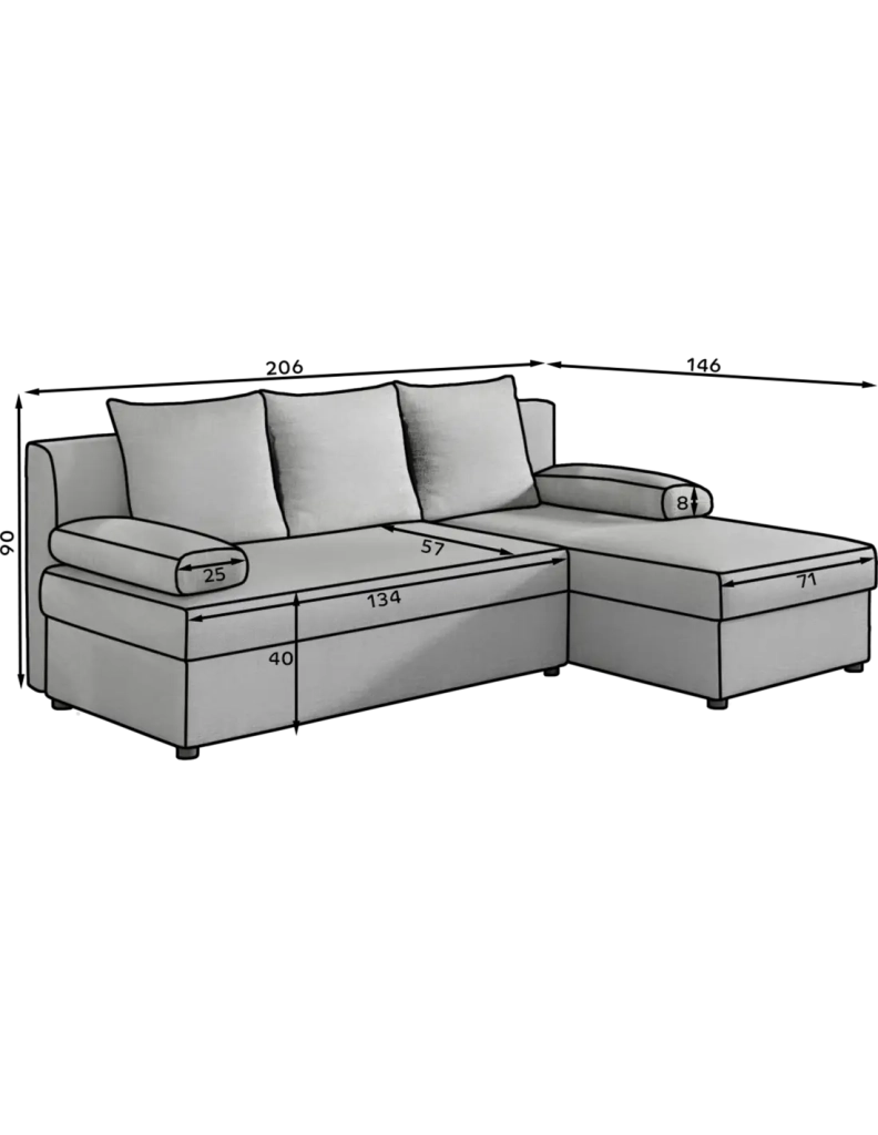 Divano ad angolo Grigio 3 posti 3 posti con contenitore 206x90x146cm GINA