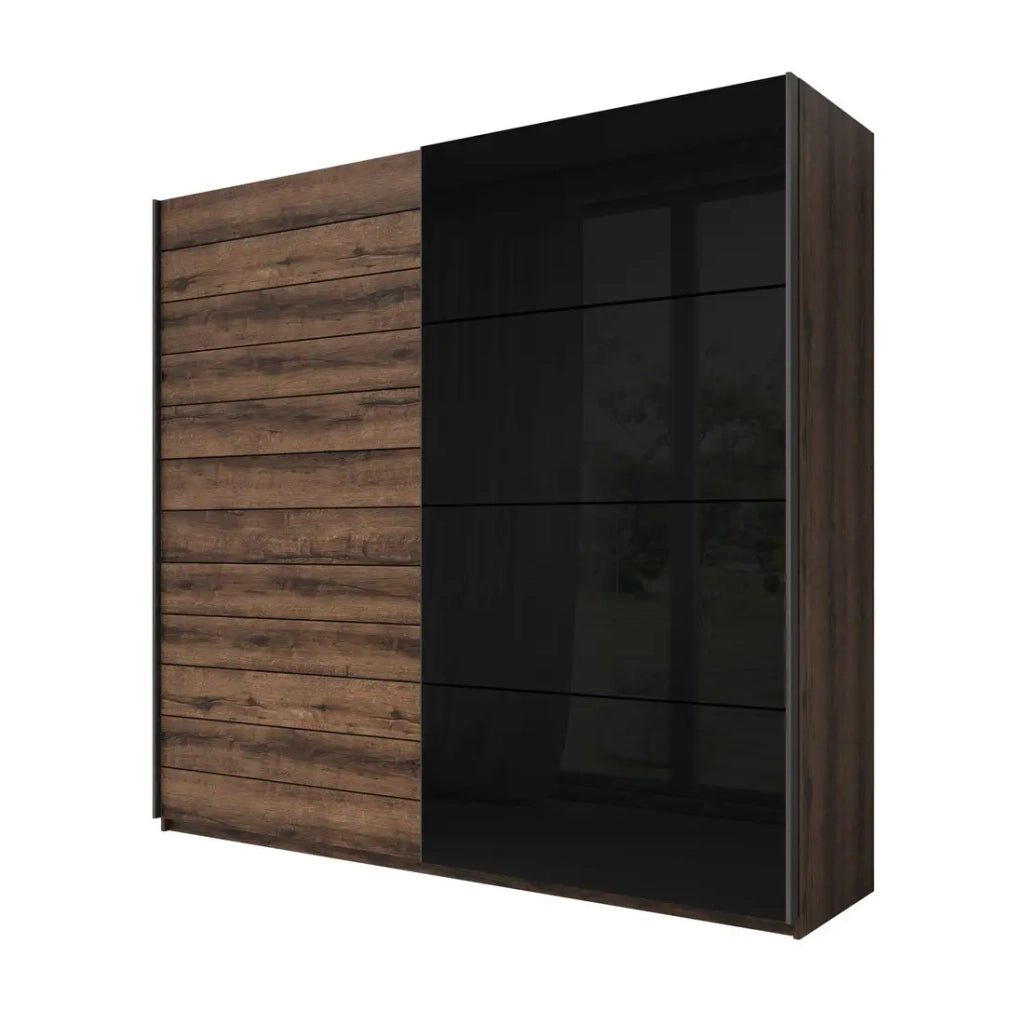 Camera da letto FLOYD: Armadio 200cm, Letto 140x200, cassettiera, comodini. Colore rovere scuro e nero lucido.