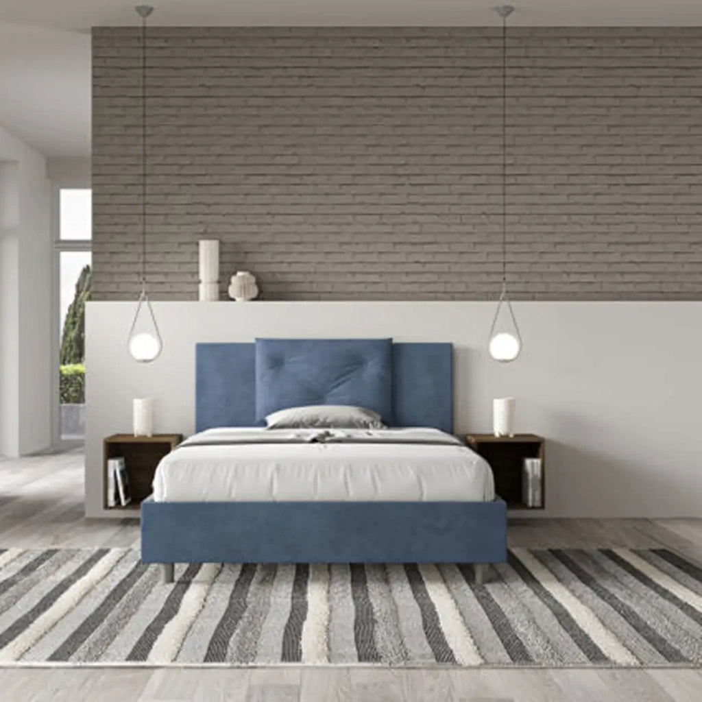 Letto matrimoniale francese contenitore imbottito 140x190 microfibra blu Appia