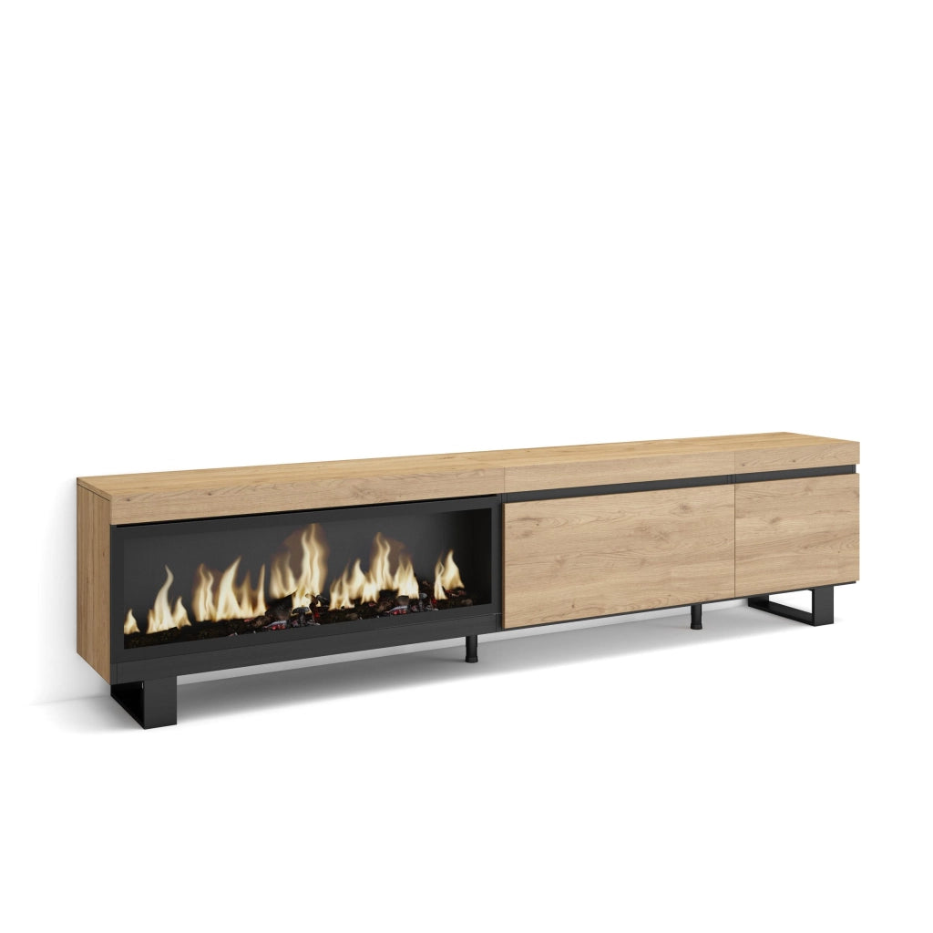 Mobile TV Soggiorno, 237x35x57cm, TV di grande formato, Camino elettrico XXL, Design industriale, colore Rovere RF3592