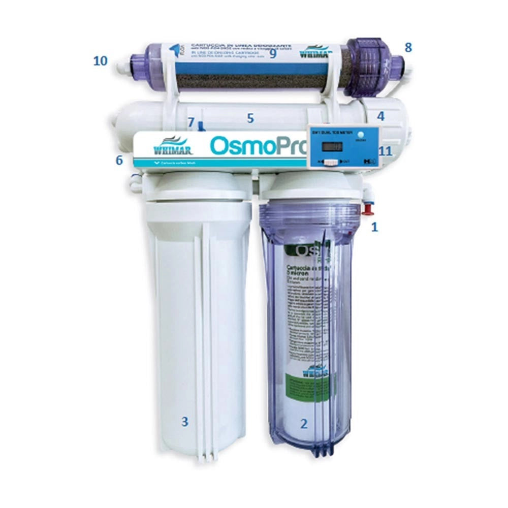 Whimar OsmoPro Tech 75GPD 285 L/g - Impianto 4 stadi membrana Vontron, flush-valve, post-filtro deionizzante e TDS