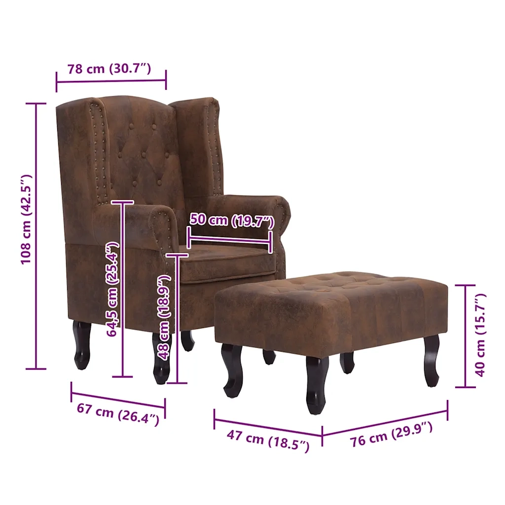 Poltrona Chesterfield Poggiapiedi Marrone Ecopelle Scamosciata 281277