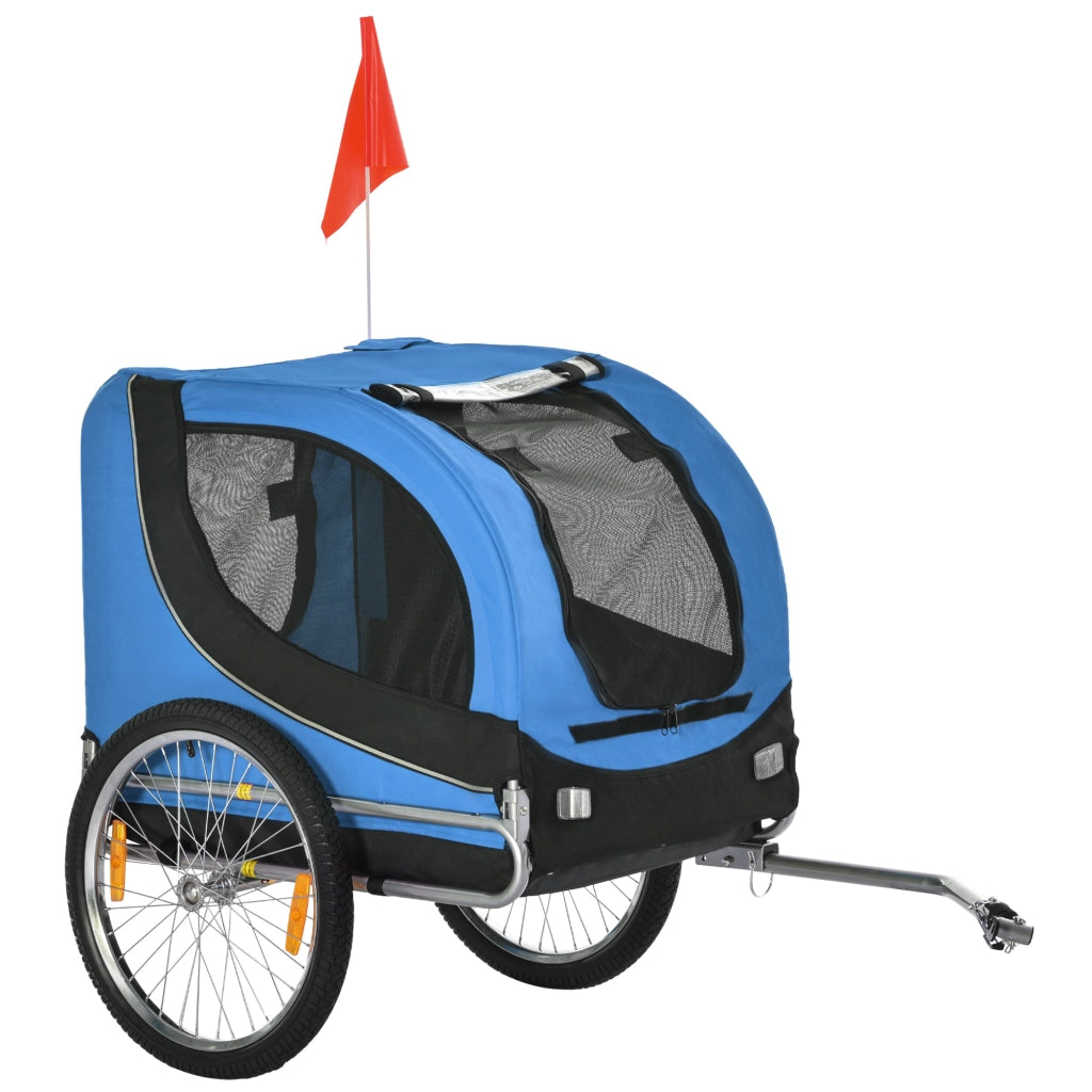 Easycomfort Rimorchio Bici per Cani Taglia Media con Punto di Attacco, Finestre Laterali e Bandierina, Rimorchio per Bici in Acciaio e Tessuto Oxford, 130x73x90 cm, Blu e Nero
