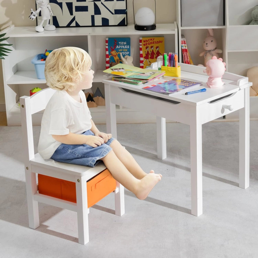 Set Tavolo e Sedia per Bambini, Scrivania Ribaltabile con Sedia per Bambini in Legno, con Cassetto e Gancio Estraibile, Bianco/Naturale (Bianco)
