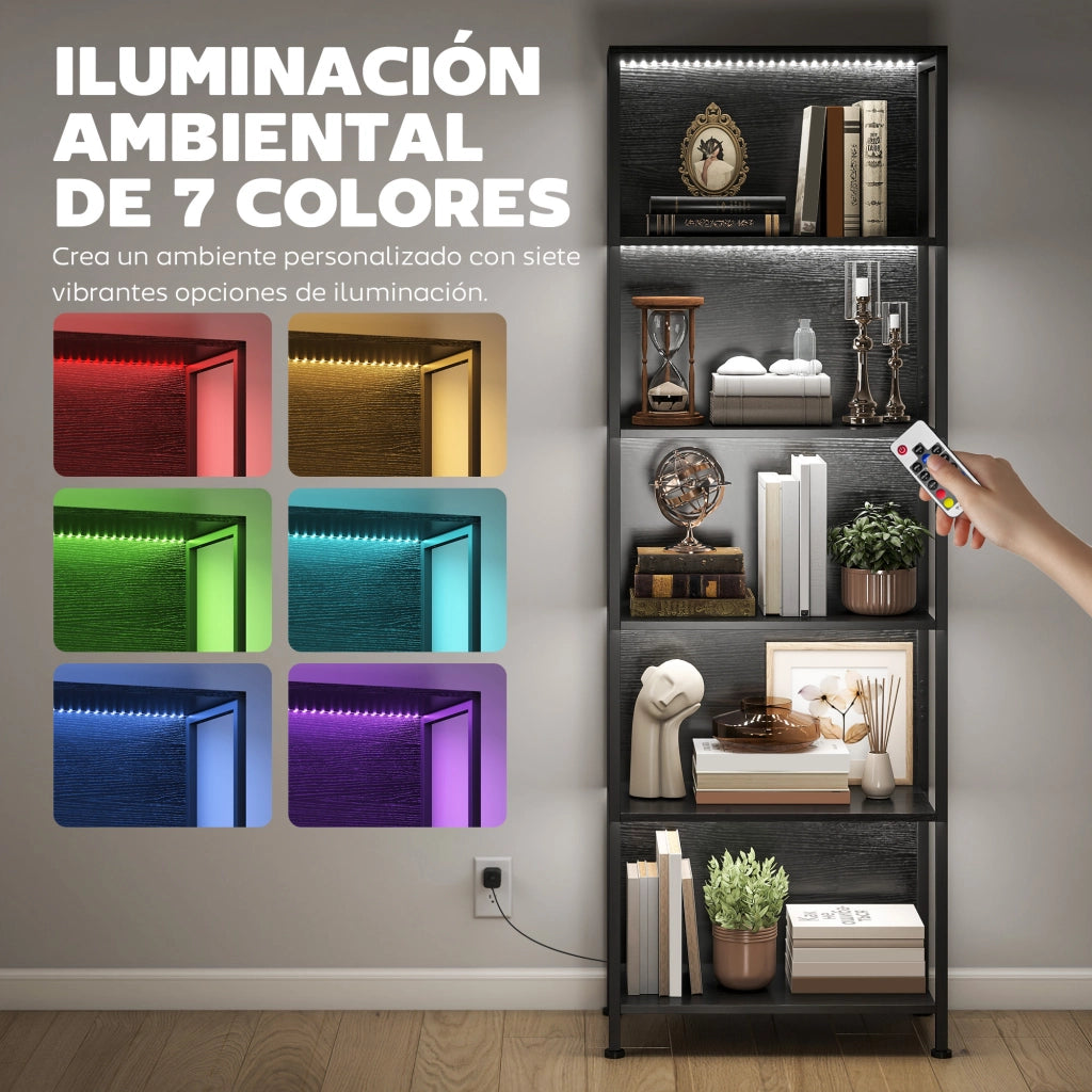 Libreria 5 Livelli con Luci LED ¨C Minimal ¨C Nero 60x30x179 cm