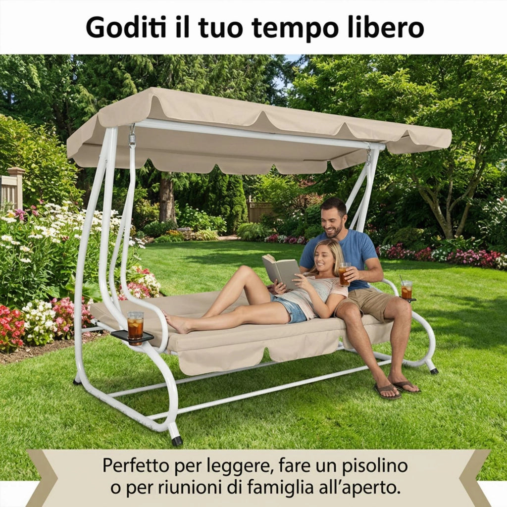 Marvin Harmony Dondolo Letto da Giardino 4 Posti con Tetto Parasole Struttura in Acciaio e Cuscino Imbottito 10 cm Altal