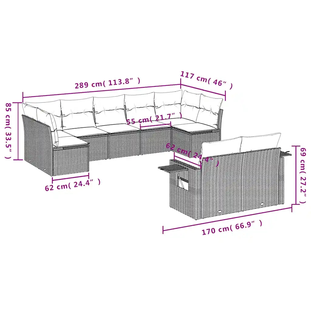Set Divani da Giardino 9 pz con Cuscini Grigio in Polyrattan 3220620