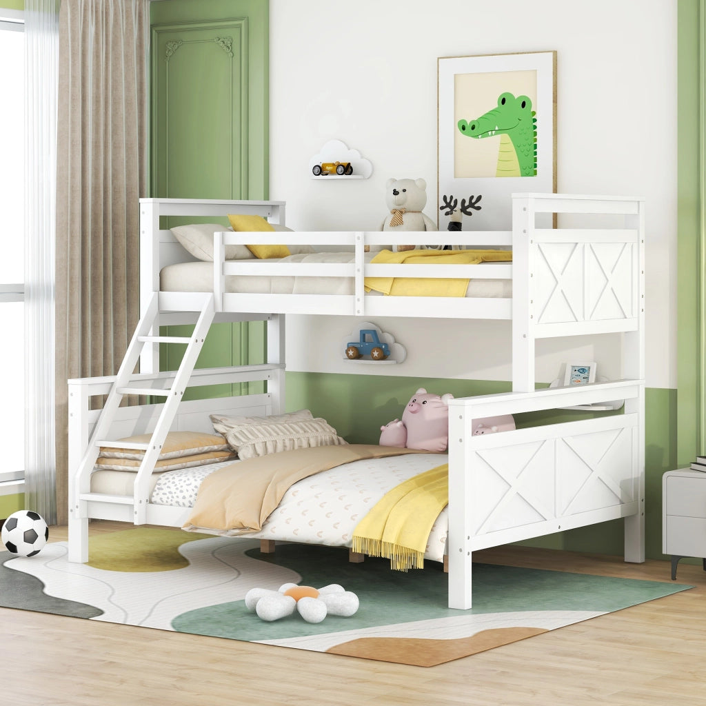 Letto a castello con scala e parapetto in pino bianco 90x200cm
