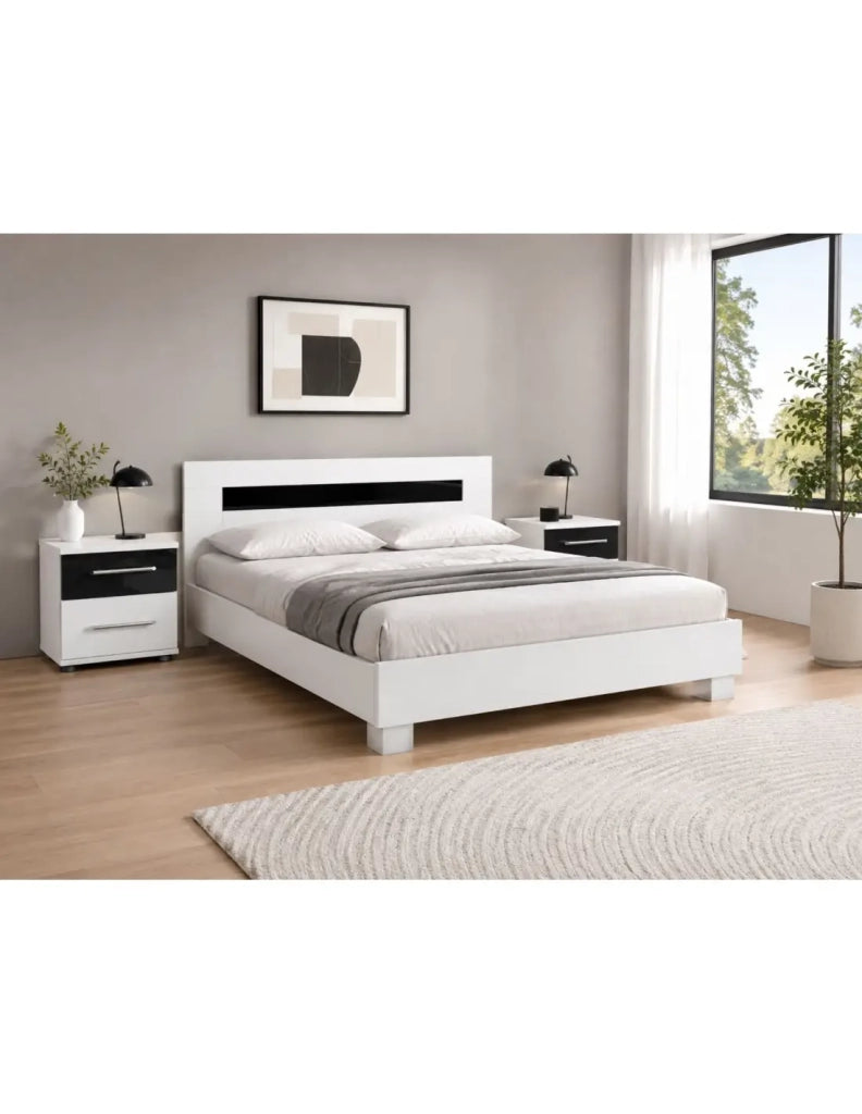 Set letto matrimoniale DUBLIN 140x190cm con 2 comodini - Bianco e nero lucido