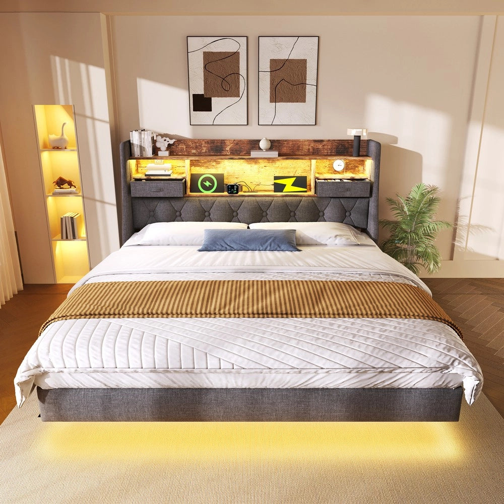 Letto Imbottito Matrimoniale con LED e Contenitore ¨C MINIMAL ¨C Tessuto Grigio 160x200