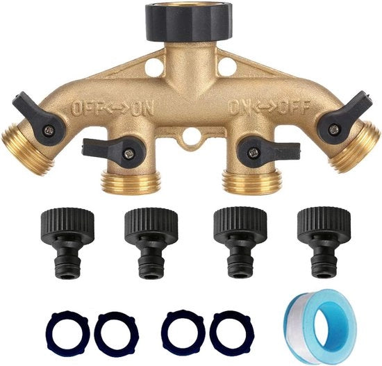Distributore acqua 4 vie - per esterni - in rame - Y pezzo di rubinetto - dorato - per uso in casa e giardino - G 3/4" distributore acqua - rubinetto esterno - distributore per tubi da giardino - con gomme e congiunzioni