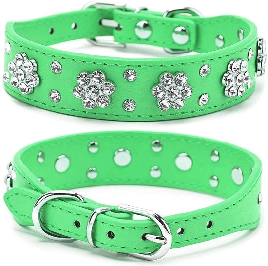 Collare per gatto - Fiori ombreggiati - Cappuccio in pelle PU - Verde - Dimensioni regolabili - Adatto per gatti - Cappuccio con decorazioni luccicanti