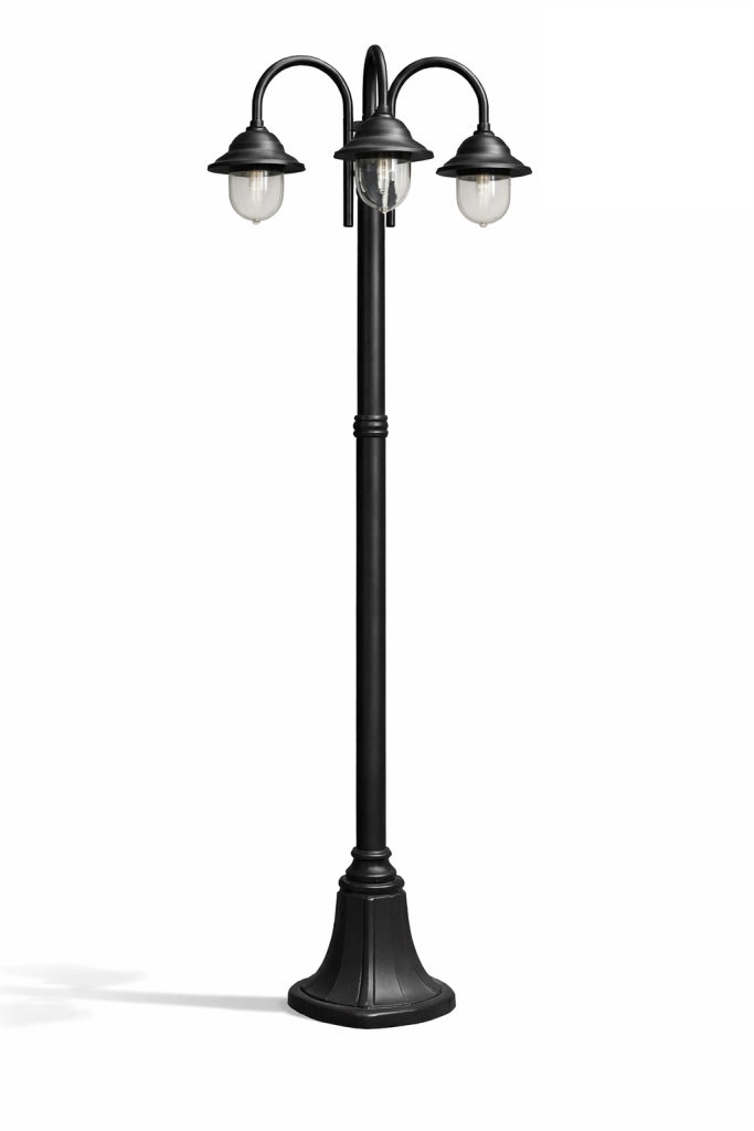 Lampione da Giardino 3 Luci E27 IP54 in Alluminio Nero, Palo Esterno Classico con Diffusori in Policarbonato, Stile Vintage per Vialetto e Cortile
