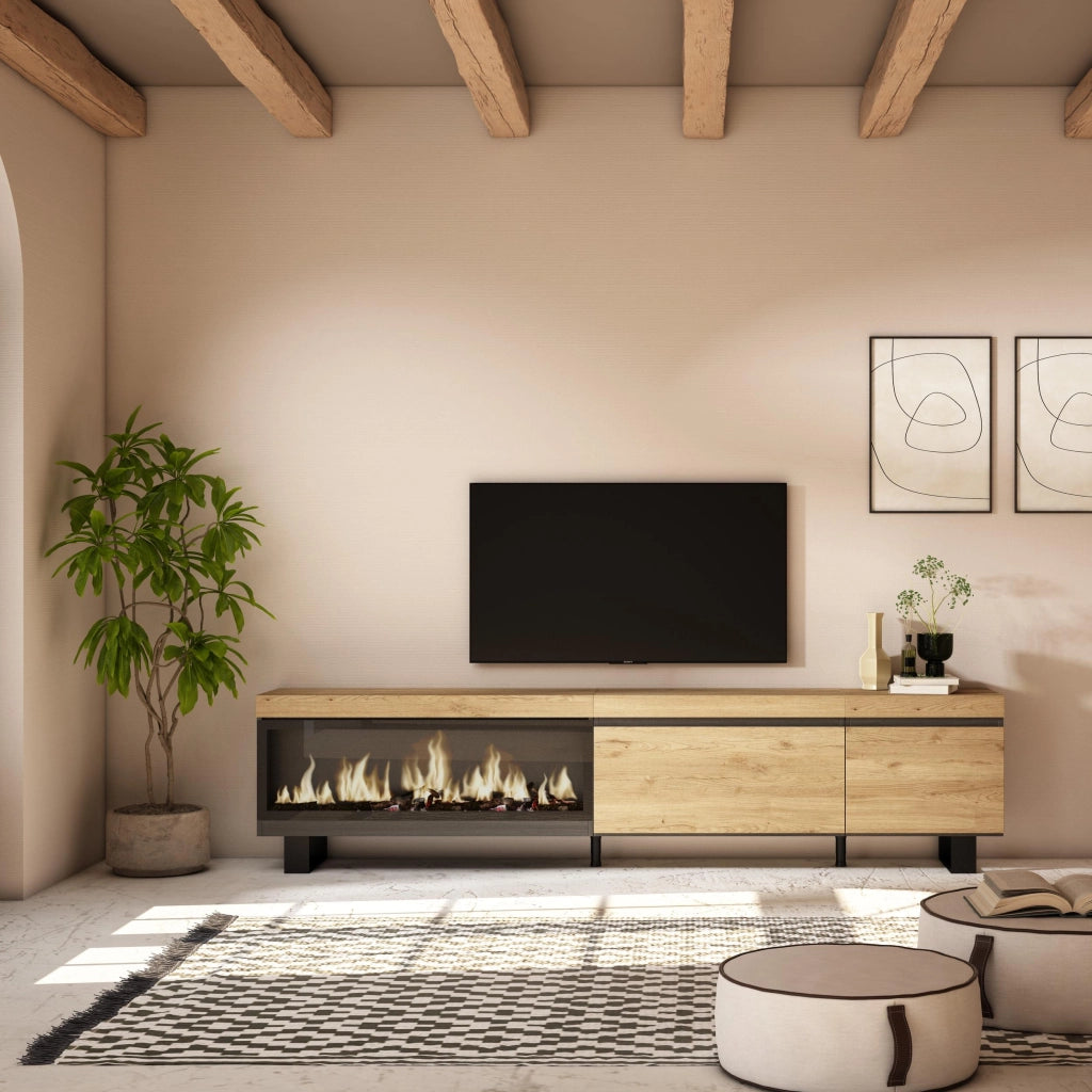 Mobile TV Soggiorno, 237x35x57cm, TV di grande formato, Camino elettrico XXL, Design industriale, colore Rovere RF3592