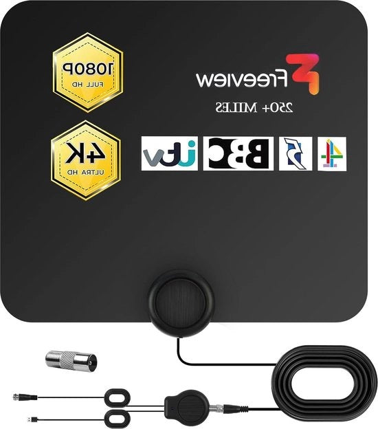 Antenna digitale per TV per interni - ricezione fino a 250+ km - 360° - ultracompatta - migliorata 4K 1080p HD VHF UHF - antenna digitale con amplificatore - cavo 37 m.