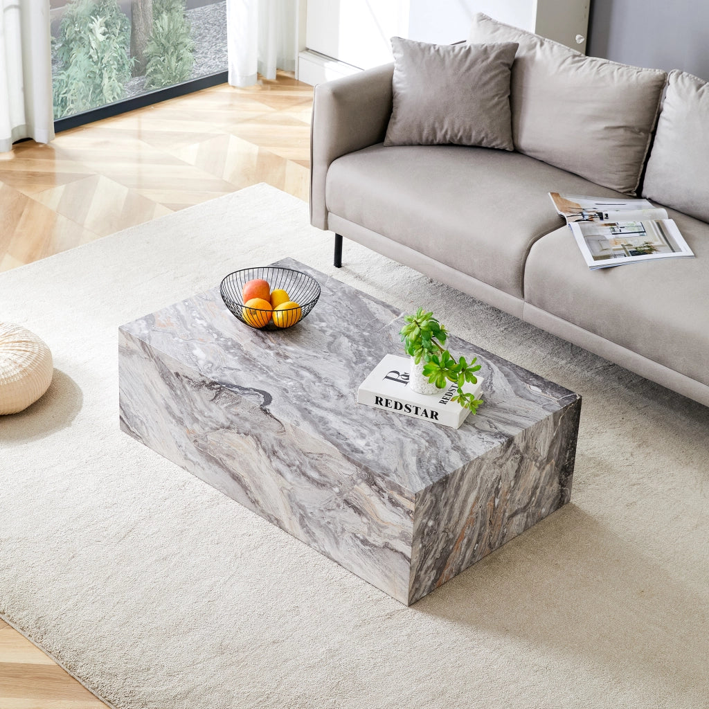 Tavolino basso rettangolare con effetto marmo grigio, in MDF, stile moderno, per soggiorno, 90 × 50 × 30 cm