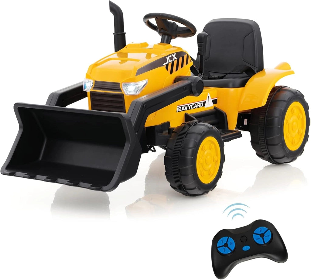 12 V Escavatore per Bambini, con Telecomando, Benna di Scavo Regolabile Musica e Fari a LED, Ruspa Elettrica per Bambini di 3-8 Anni, Giallo