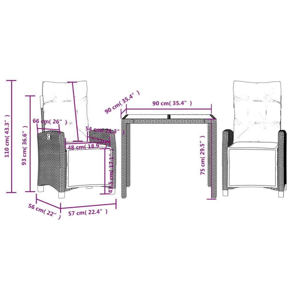 Set da Pranzo da Giardino 3 pz con Cuscini Nero in Polyrattan 3212906