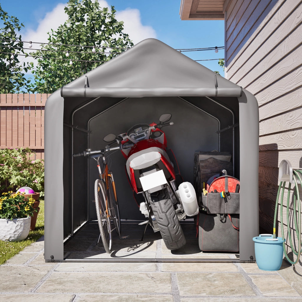 Garage per biciclette grigio 160x220x165 cm con porta avvolgibile, telaio in acciaio verniciato a polvere nero, casetta da esterno in PE resistente al
