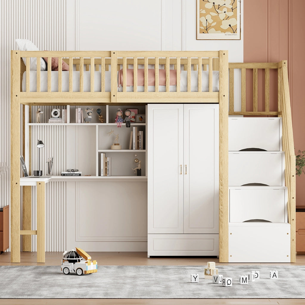 Letto a soppalco; letto singolo con armadio; scrivania; scaffale e scala con cassetti; 90 x 200 cm; senza materasso