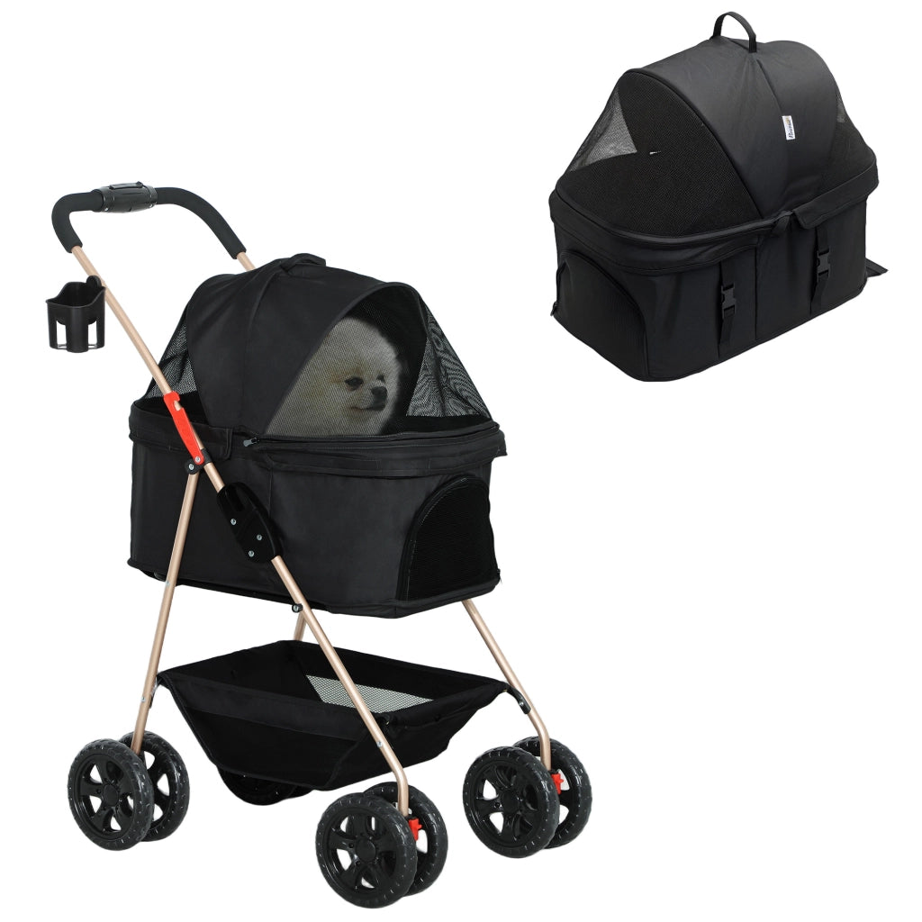 EasyComfort Passeggino per Cani 3 in 1 Pieghevole con Borsa Trasportino e Cestino Inferiore, Nero