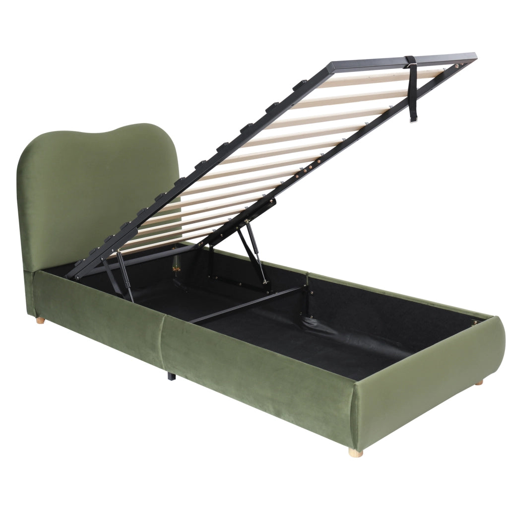 Letto imbottito per bambini con contenitore e testiera in velluto verde