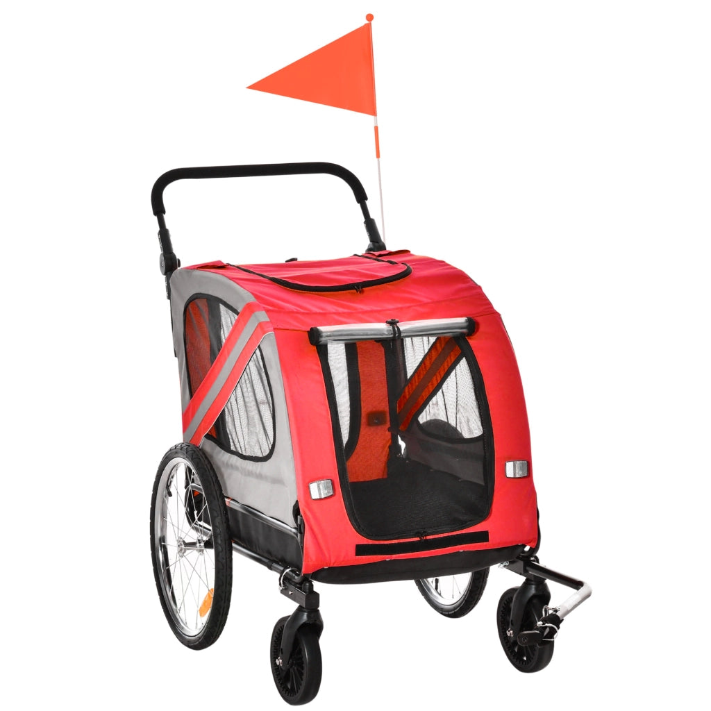 Easycomfort Rimorchio Cani con Ingresso a Cerniera, Ruote e Bandiera, in Acciaio e tessuto Oxford, Rosso Argento Nero