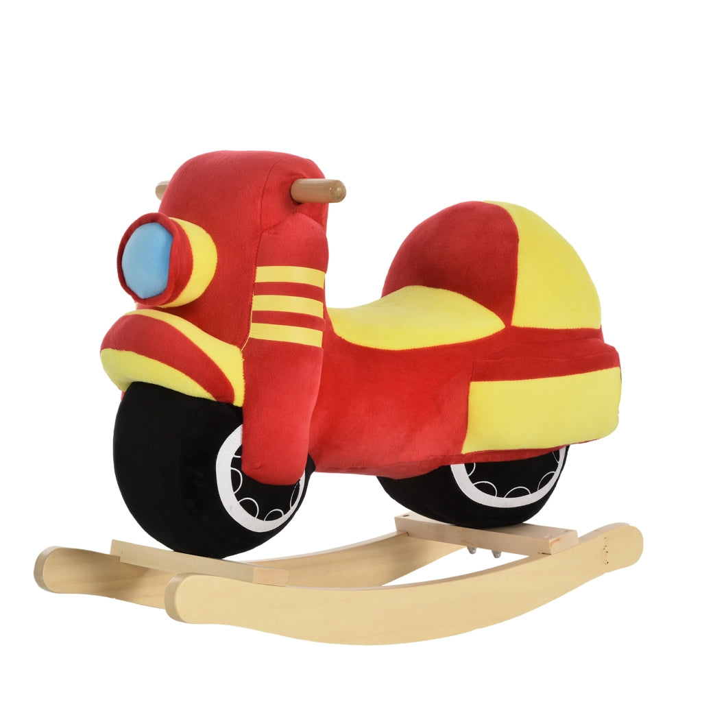 EasyComfort Cavallo a Dondolo per Bambini 18-36 Mesi a Forma di Moto, Cavallo per Bambini Cavalcabile in Legno e Peluche, Suoni Realistici, Max. 40kg, Rosso e Giallo