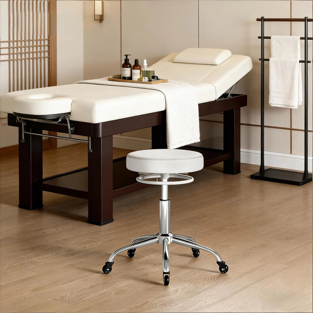 Sgabello da Ufficio Girevole con Altezza Regolabile 46-58 cm e Ruote, in Metallo e PU, Bianco 49 × 49 cm