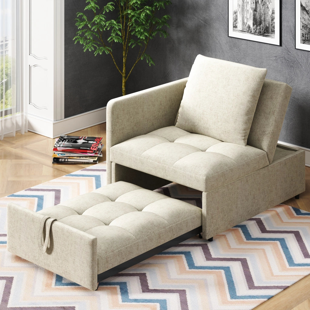 Divano Letto 3 In 1 con Schienale Regolabile 5 Posizioni e Cuscino Salvaspazio Imbottito Beige