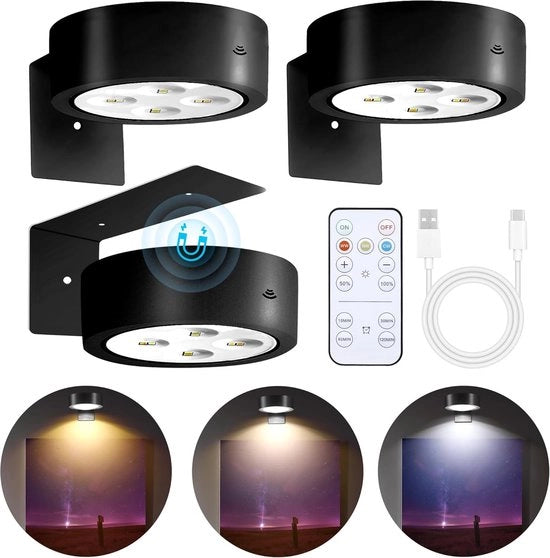 Set di tre elementi di illuminazione LED per opere d'arte con ricevitore a distanza, tre colori di luce e regolazione di luminosità.