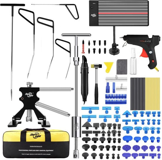 Kit di riparazione di denti auto - Strumentazione per riparazione di denti senza spruzzo con lampada LED, pistola di lietto, martello a rotolamento, ponte, pannello riflettente e accessori