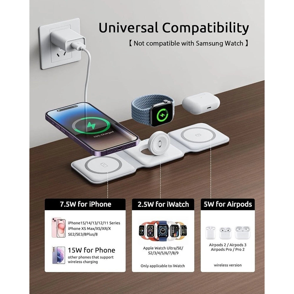 Trade Shop - Caricatore Wireless 3in1 Universale Caricabatterie Magnetico Pieghevole Da 15 W -