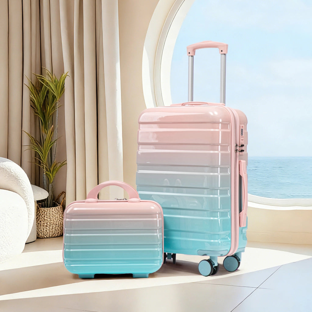 Set di valigie rigide con 4 ruote girevoli, lucchetto a combinazione e beauty case da 14 pollici in pc rosa