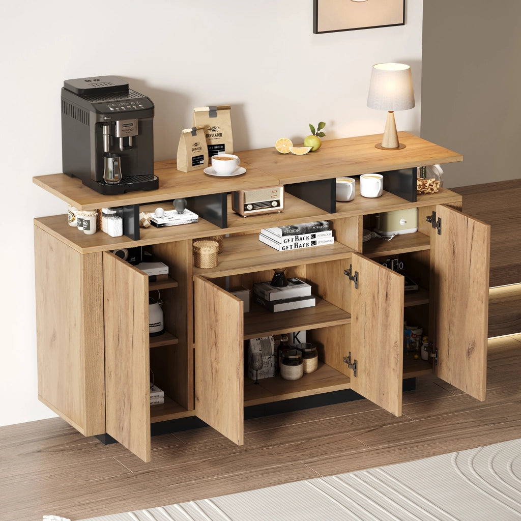 Credenza moderna in truciolato naturale e nero con 4 ante e 3 vani aperti, 140x40x85 cm
